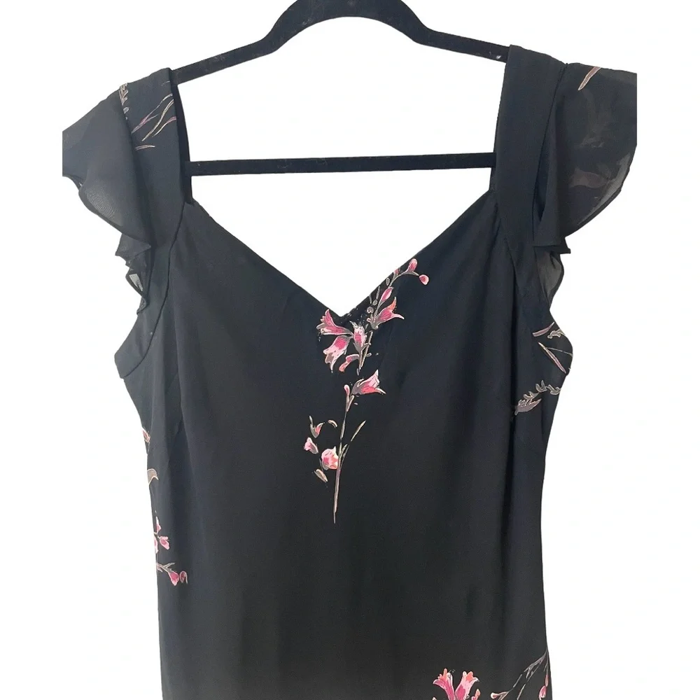EVAN PICONE Y2K Black Floral Design Chiffon Shift Dress Ruffle Straps SZ 10 EUC - Picture 5 of 9